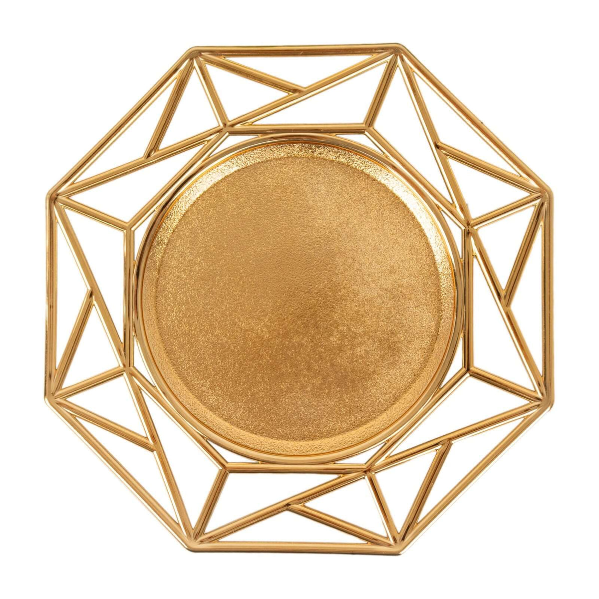 6-Pack Acrylic Charger Plates 13" Octagon Metallic Gold with Hollow Geometric Rim - Plastic Disposable Decorative Chargers